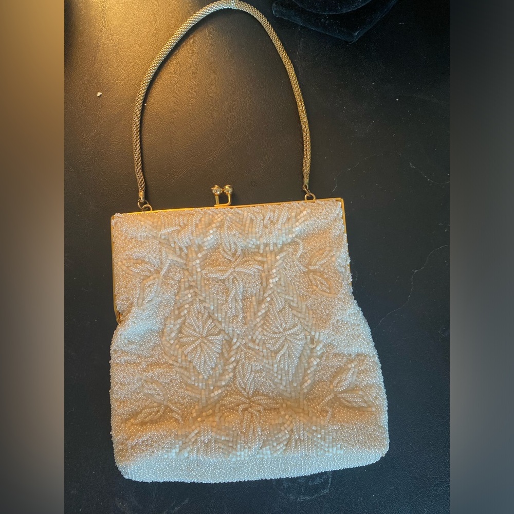 Evening Bag with Gold Frame Vintage Hand Made In Hong Kong Beaded Purse As Is